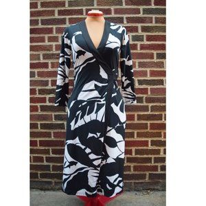 Tahari Wrap Dress in Black & White Knit Print, Midi Length, 3/4 Sleeves, Size XS